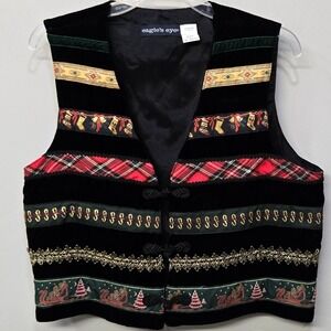 VTG‎ 90s Eagles Eye Christmas Vest Large Black Velvet Patchwork Holidays Festive